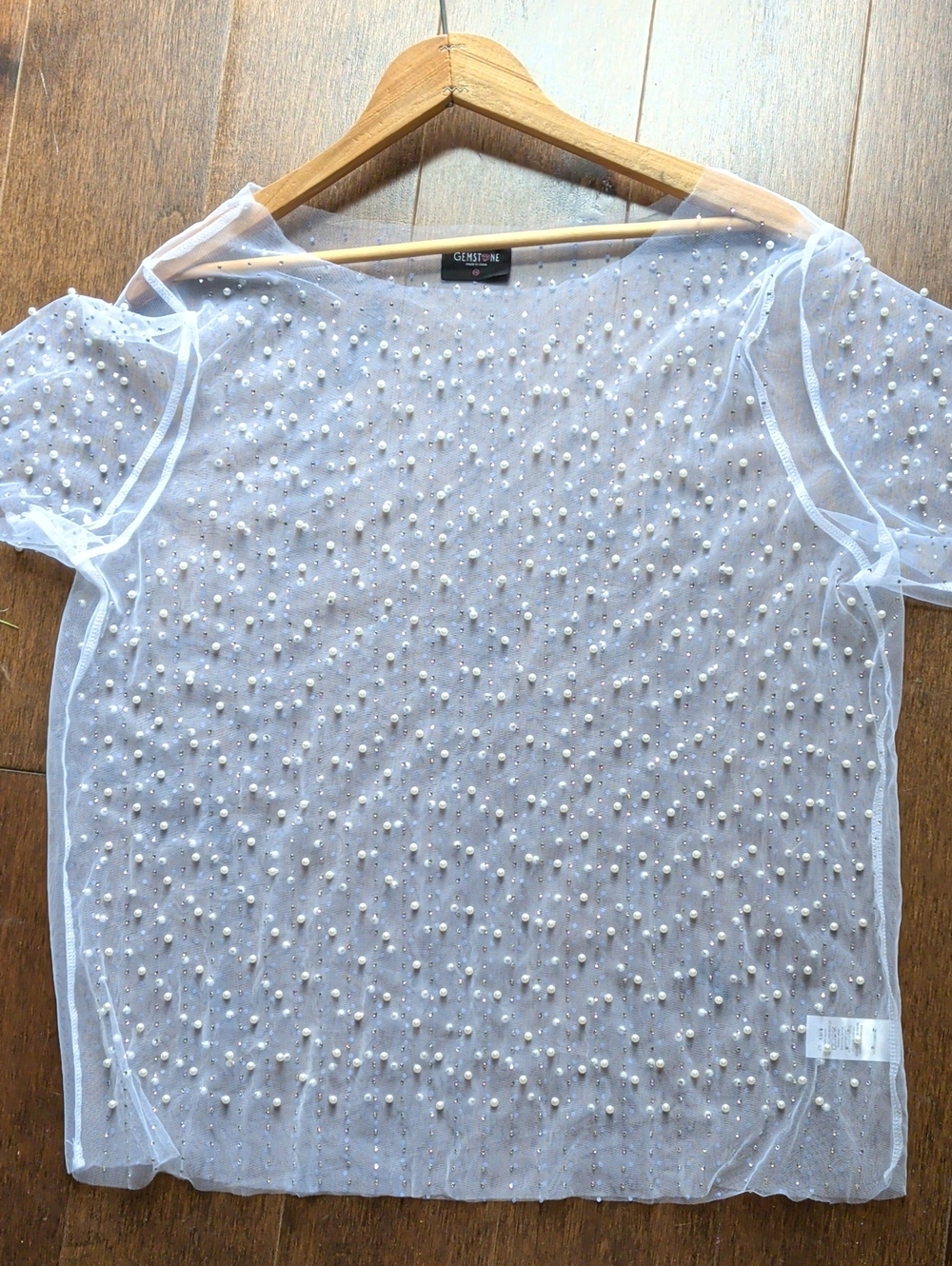 Gemstone Sheer Pearl-Embellished‎ White Women's Top